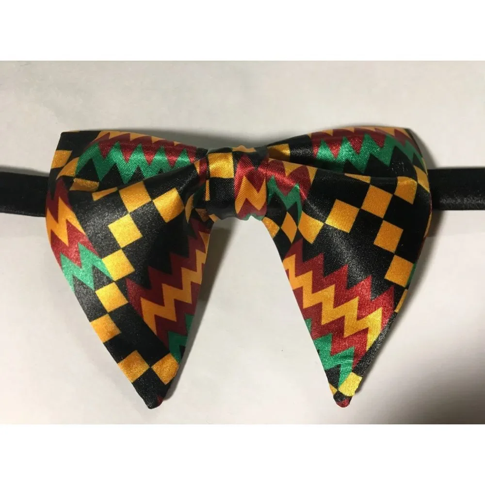 NEW Handmade Mens Bow Tie Satin African Print Kente Vintage 70s Style Black Mult